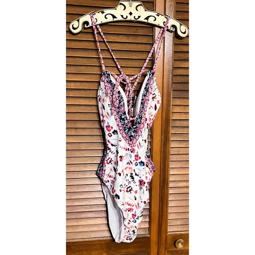 LUCKY BRAND One Piece Swimsuit Womens Small Floral Boho Plunge Strappy